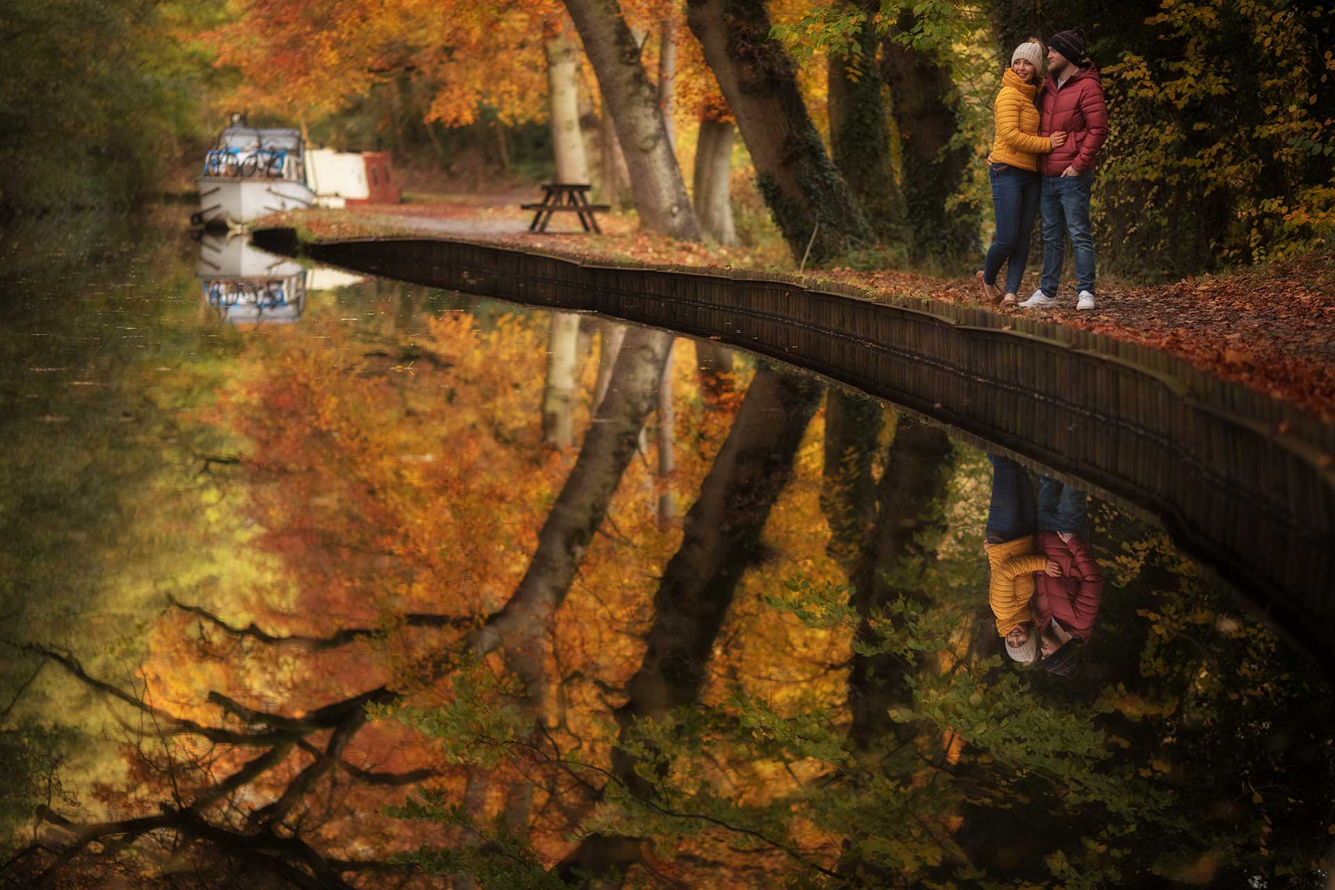 Alex and Allie by the canal at Ellesmere in gorgeous Autumn colours captured by Shropshire wedding and lifestyle photographer pbartworks