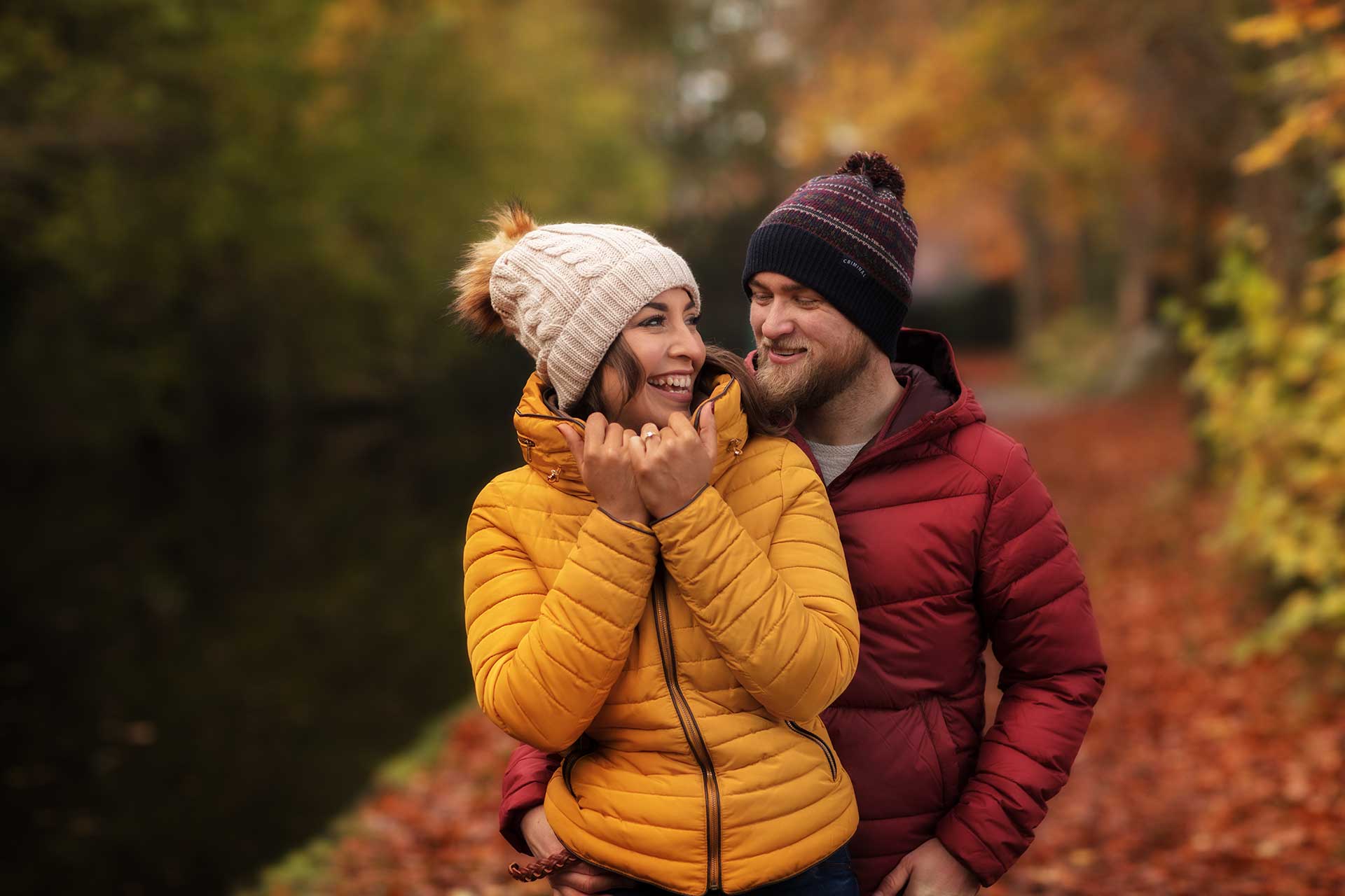 Alex and Allie by the canal at Ellesmere in gorgeous Autumn colours captured by Shropshire wedding and lifestyle photographer pbartworks