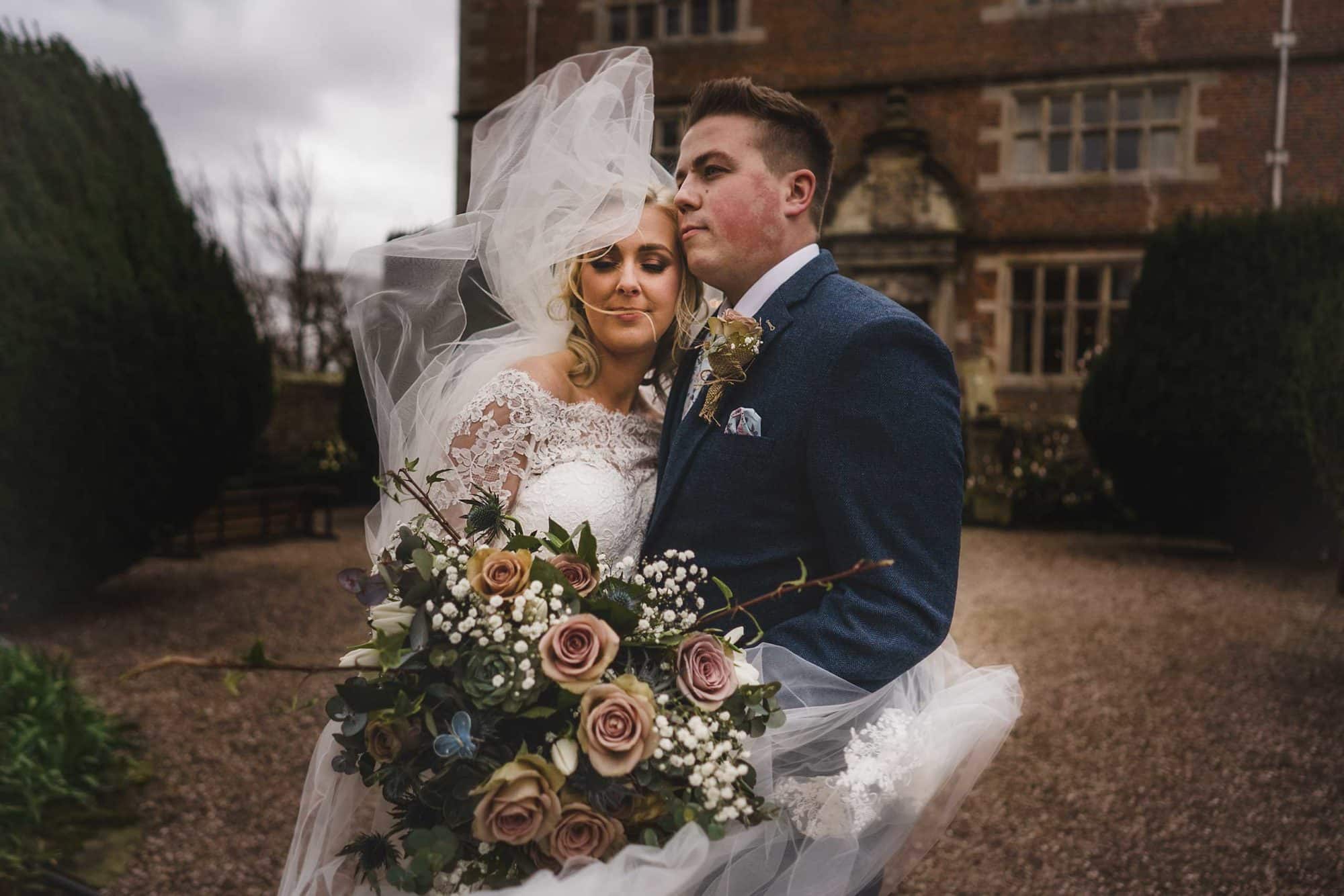 bride and groom at their Soulton hall wedding in shropshire
