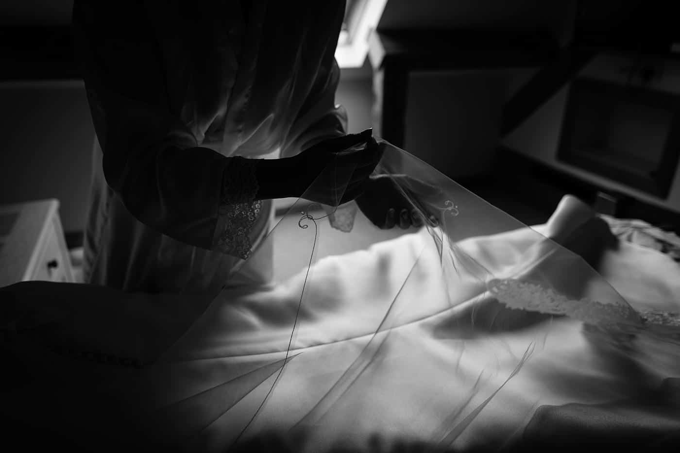 monochrome of a bride and her wedding dress