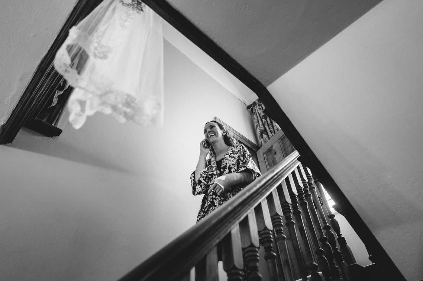bride to be on phone at shropshire wedding