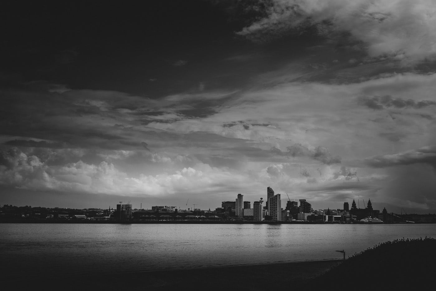 The city of Liverpool in black and white, as seen from Wallasey