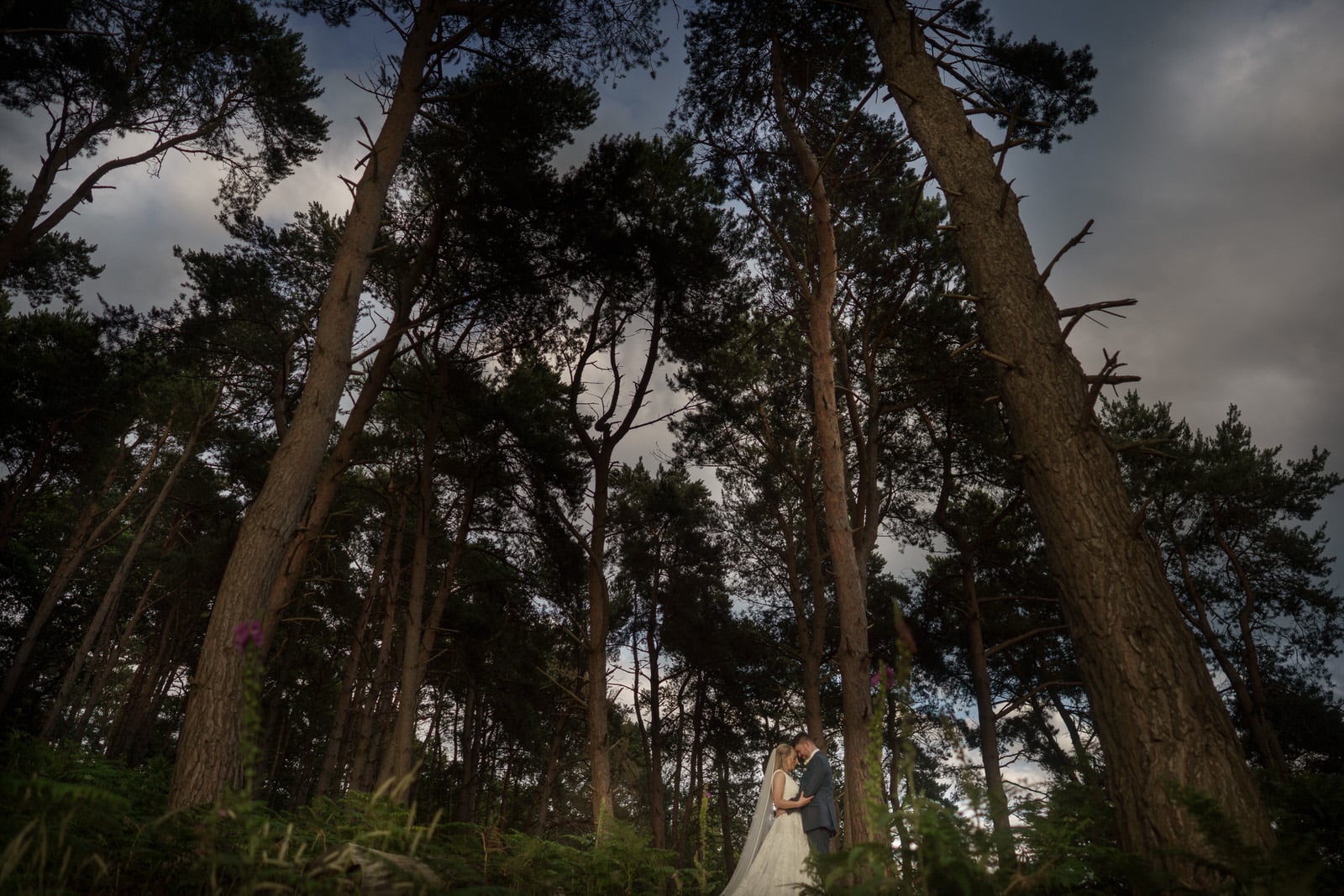 a bride and groom standing in the woods under a cloudy sky.
