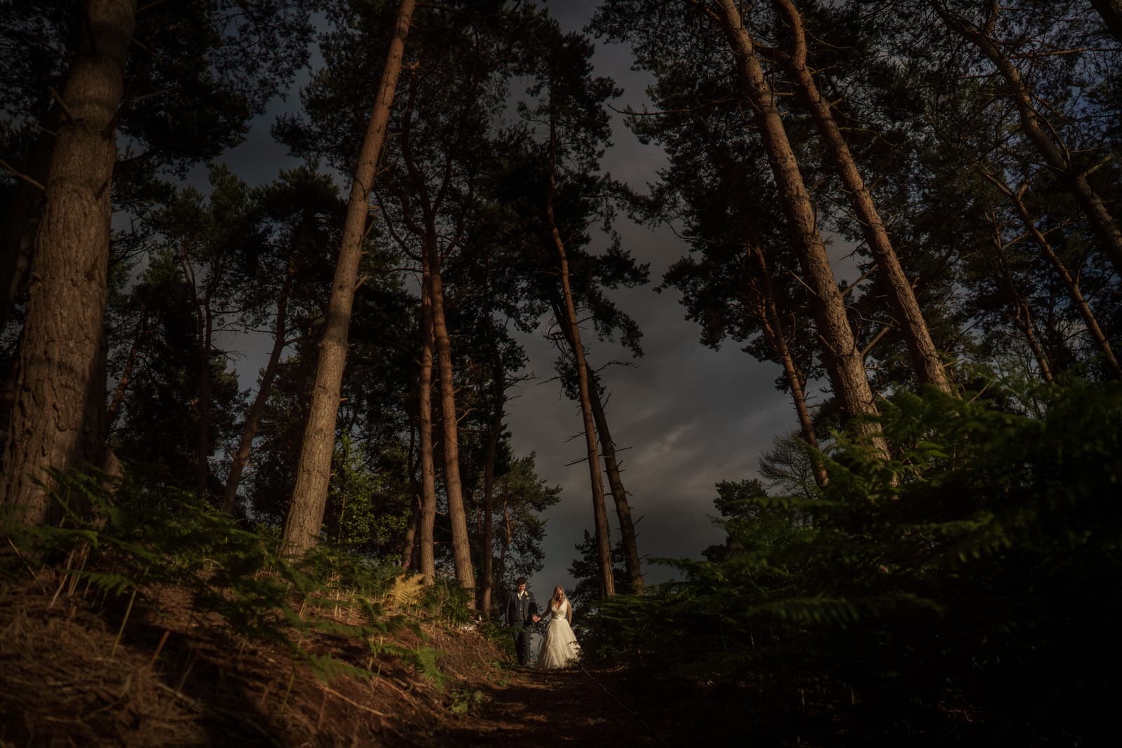 a bride and groom standing in the woods under a dark sky.
