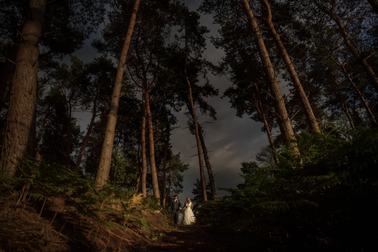 A bride and groom standing in the woods under a dark sky during a barn wedding.