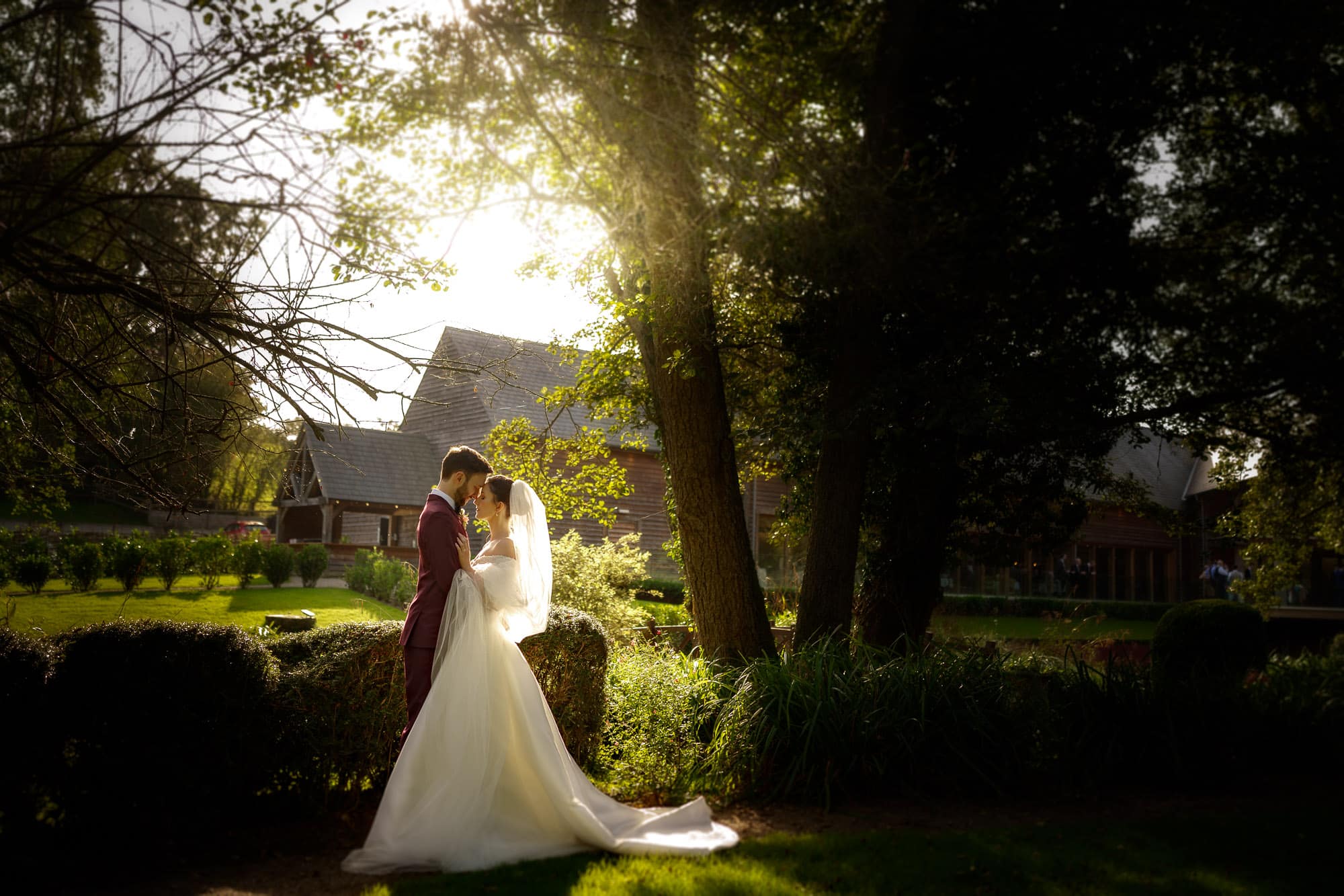 A bride and groom standing in front of a beautiful tree in an autumn field.