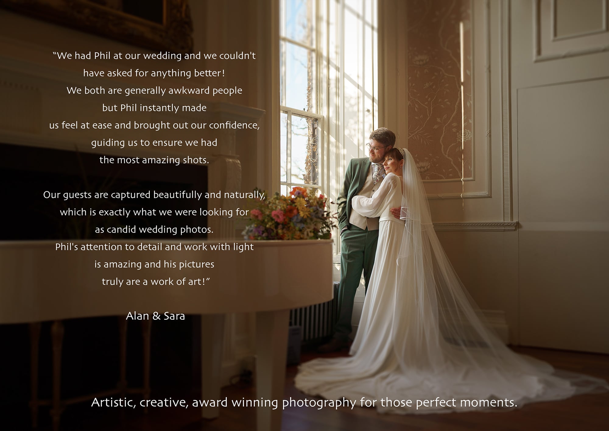 a bride and groom stand together by a large sunlit window in an elegant room, with the bride in a long veil and dress—a beautiful moment captured by pbartworks photography, your trusted shropshire wedding photographer.